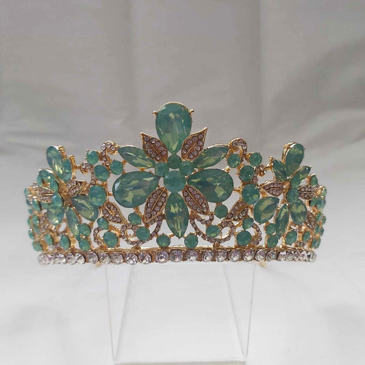 Green Rhinestones Crown Tiara Baroque (CR37)