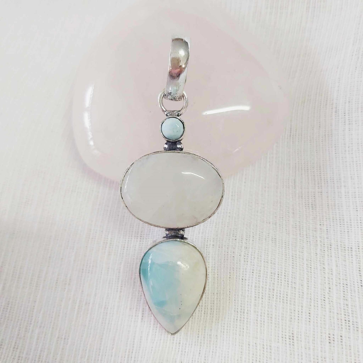 Moonstone & Larimar Gemstone Crystal Pendant (E1789)