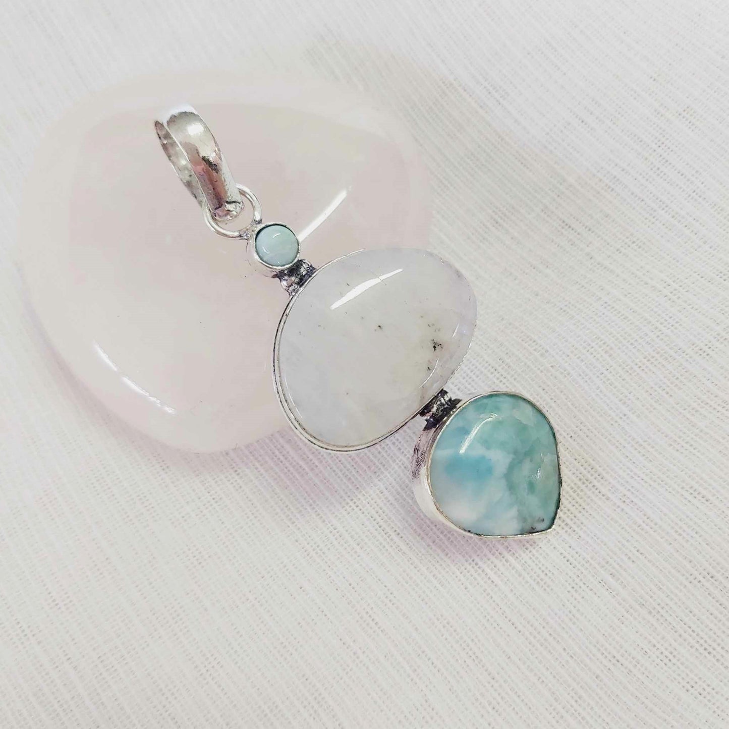Moonstone & Larimar Gemstone Crystal Pendant (E1790)