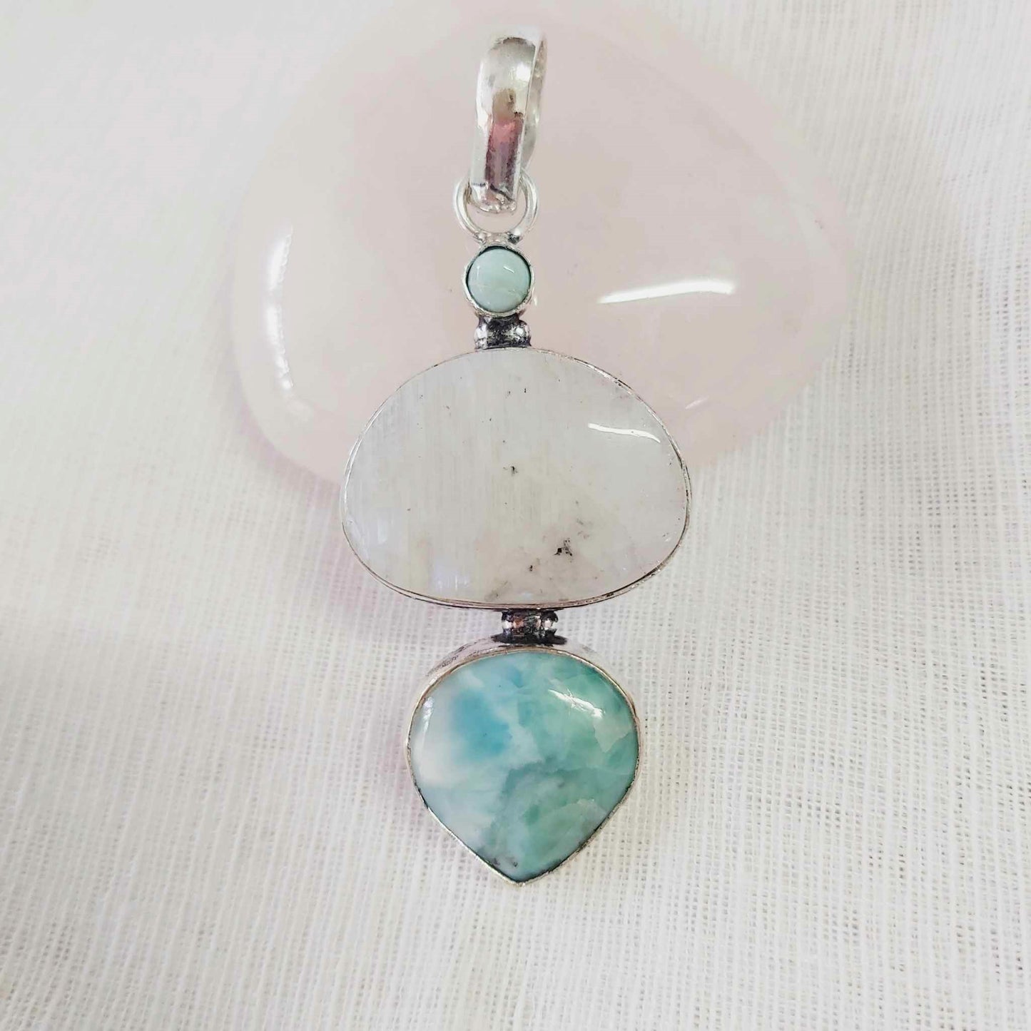 Moonstone & Larimar Gemstone Crystal Pendant (E1790)