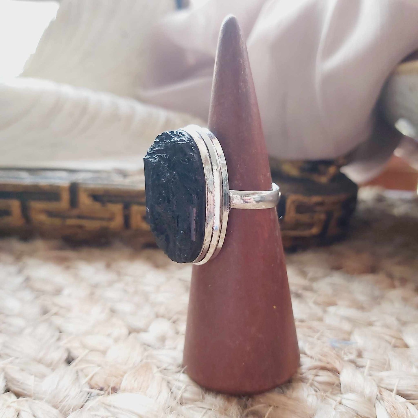 Black Tourmaline Psychic Protection Ring US 8.5 (E2462)