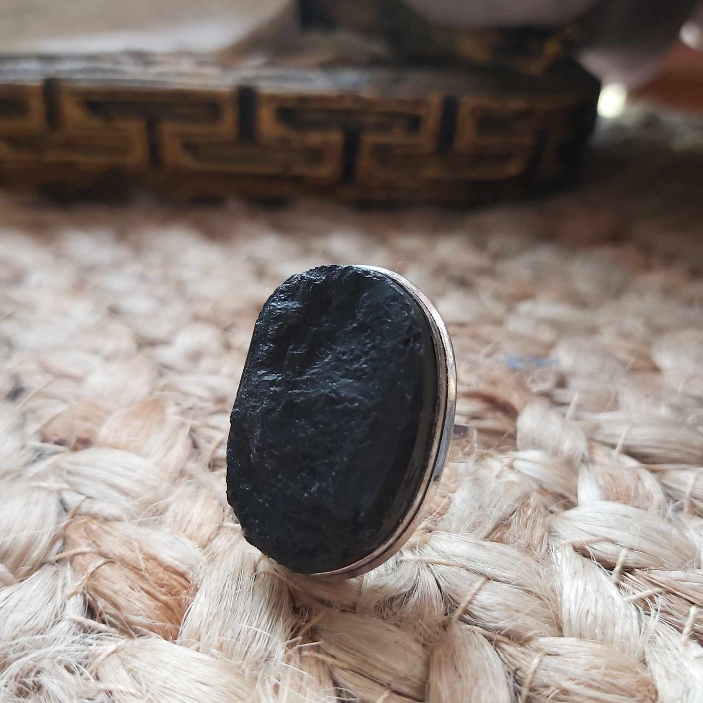 Black Tourmaline Psychic Protection Ring US 8.5 (E2462)
