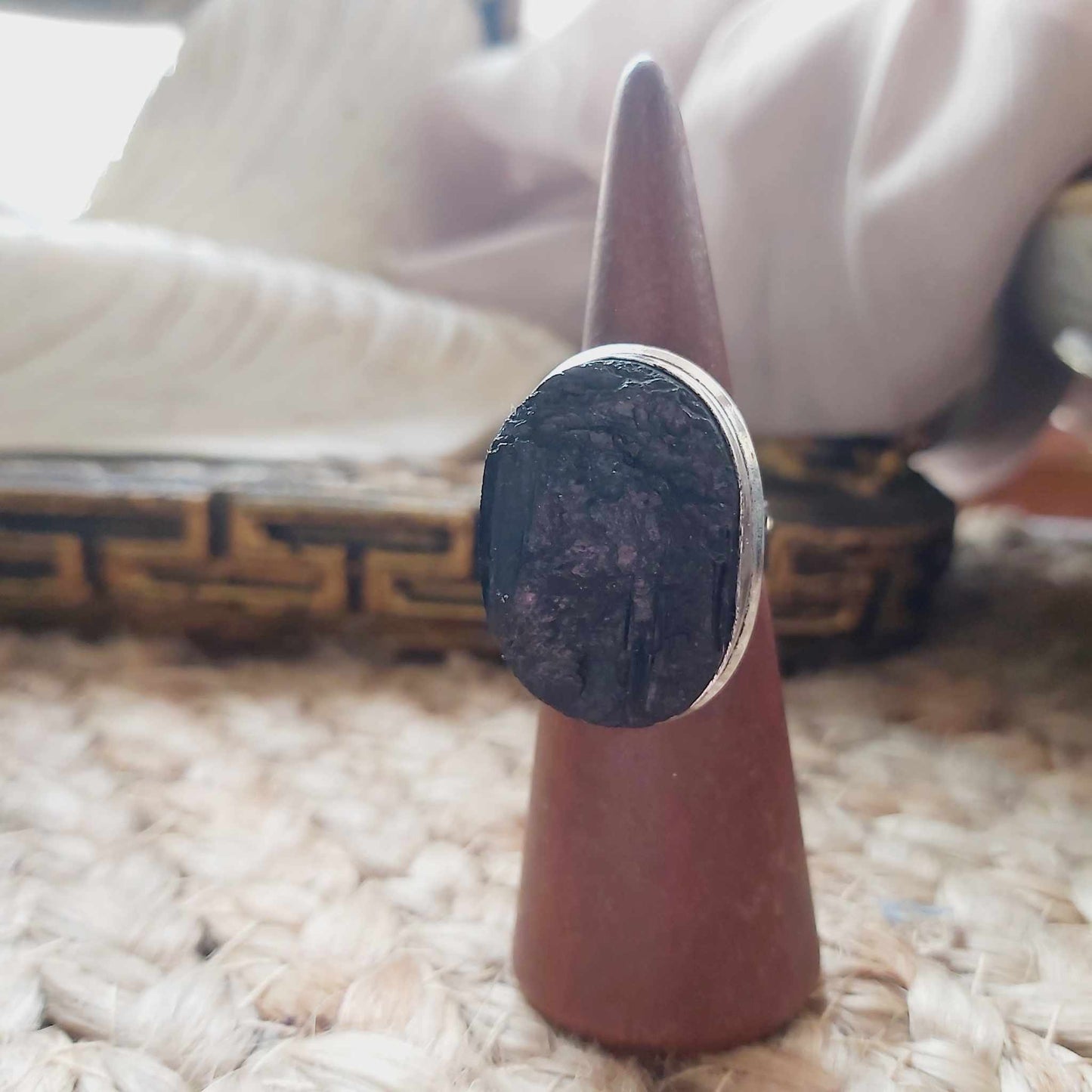 Black Tourmaline Psychic Protection Ring US 8.5 (E2462)