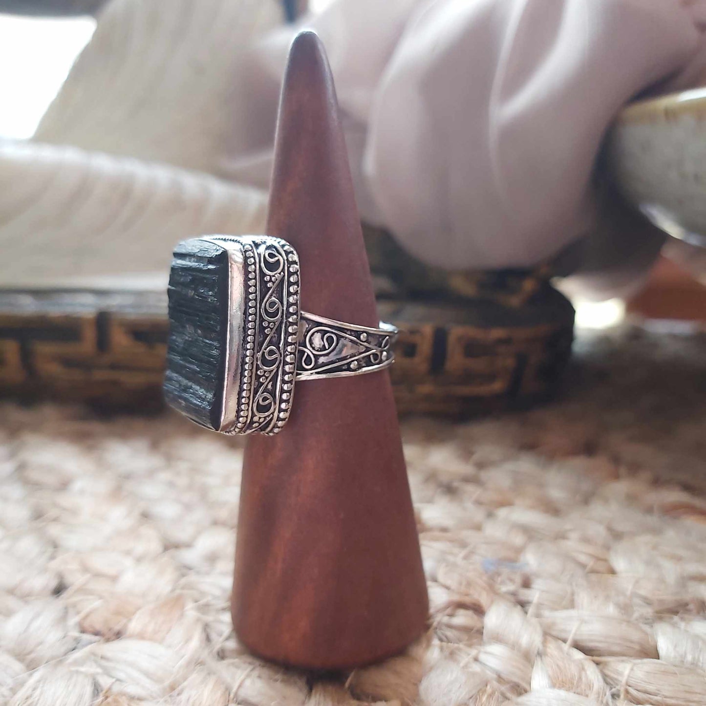 Black Tourmaline Psychic Protection Ring US 8.5 (E2467)