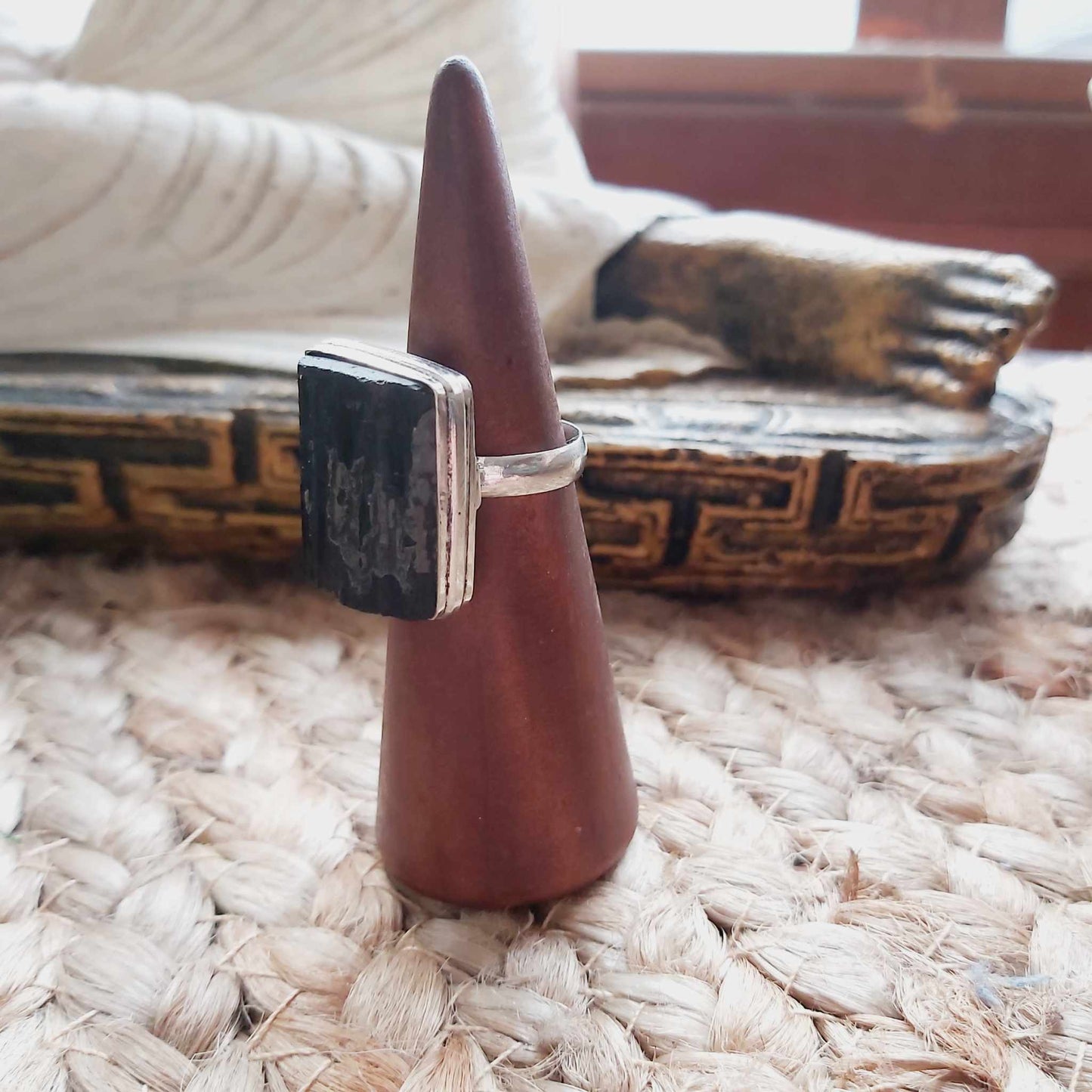 Black Tourmaline Psychic Protection Ring US 7.5 (E2475)