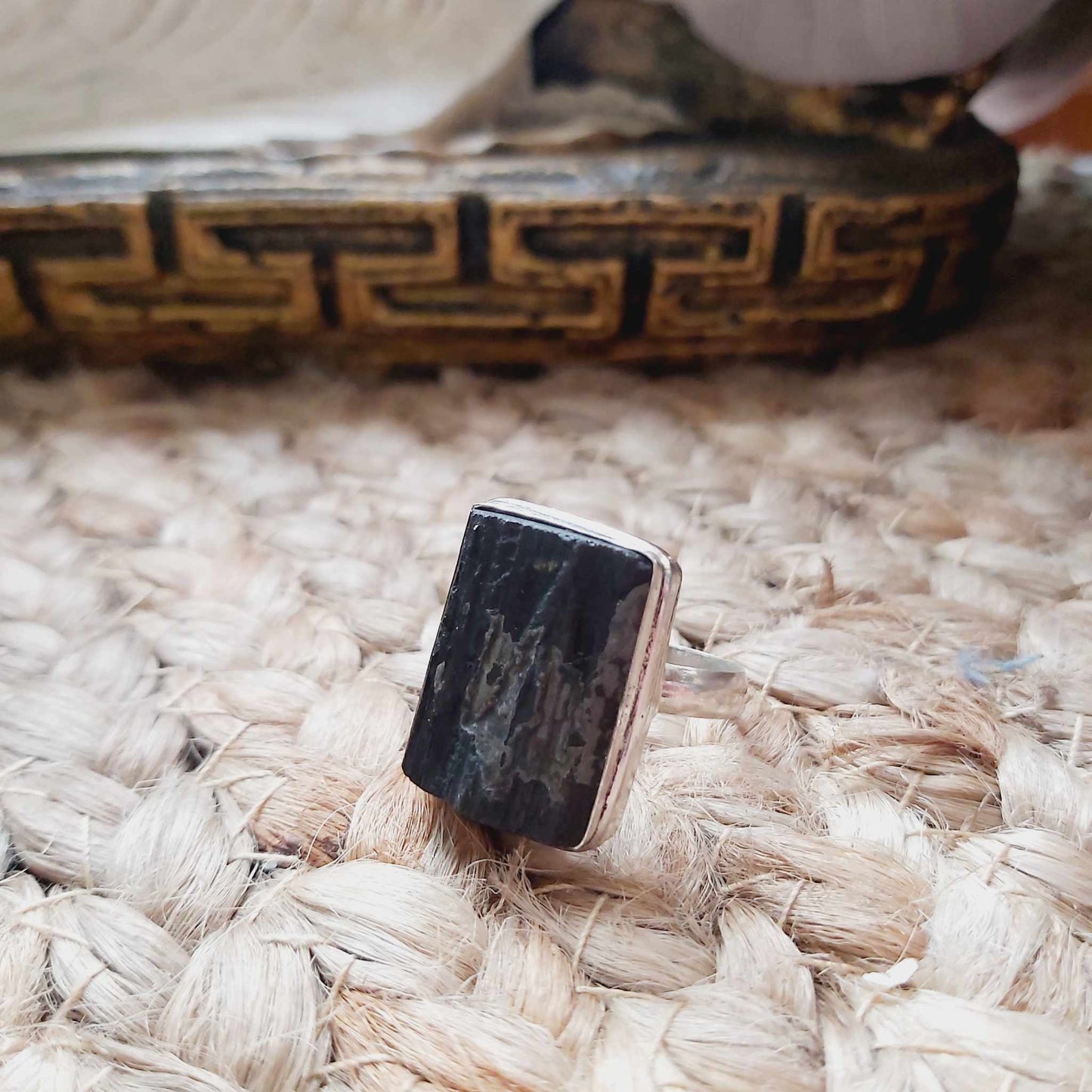 Black Tourmaline Psychic Protection Ring US 7.5 (E2475)