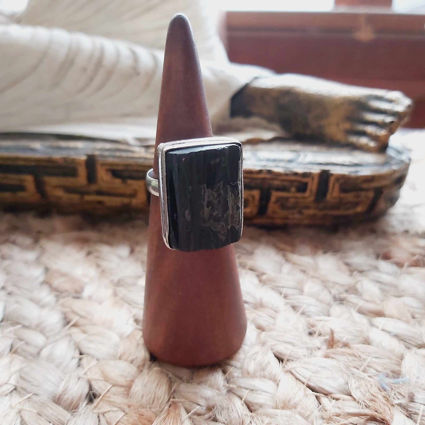 Black Tourmaline Psychic Protection Ring US 7.5 (E2475)