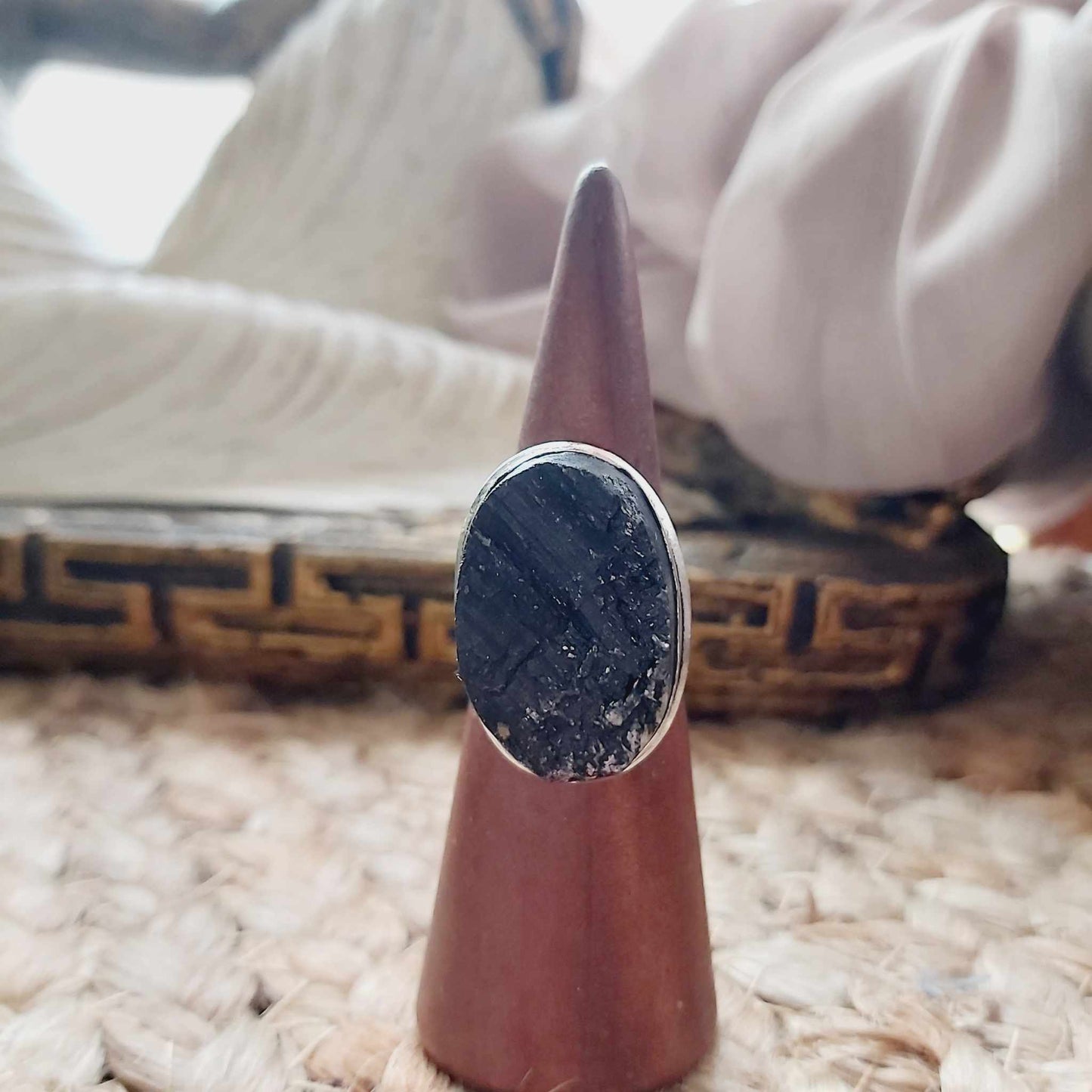 Black Tourmaline Psychic Protection Ring US 7.5 (E2476)