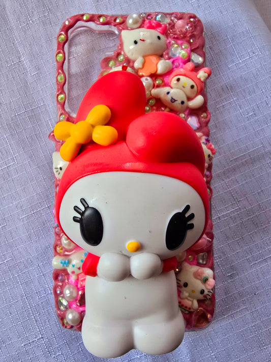 Handmade Samsung S23 Plus phone case featuring a My Melody theme in pink, white, and yellow with cute 3D decorations and kawaii charm accents.