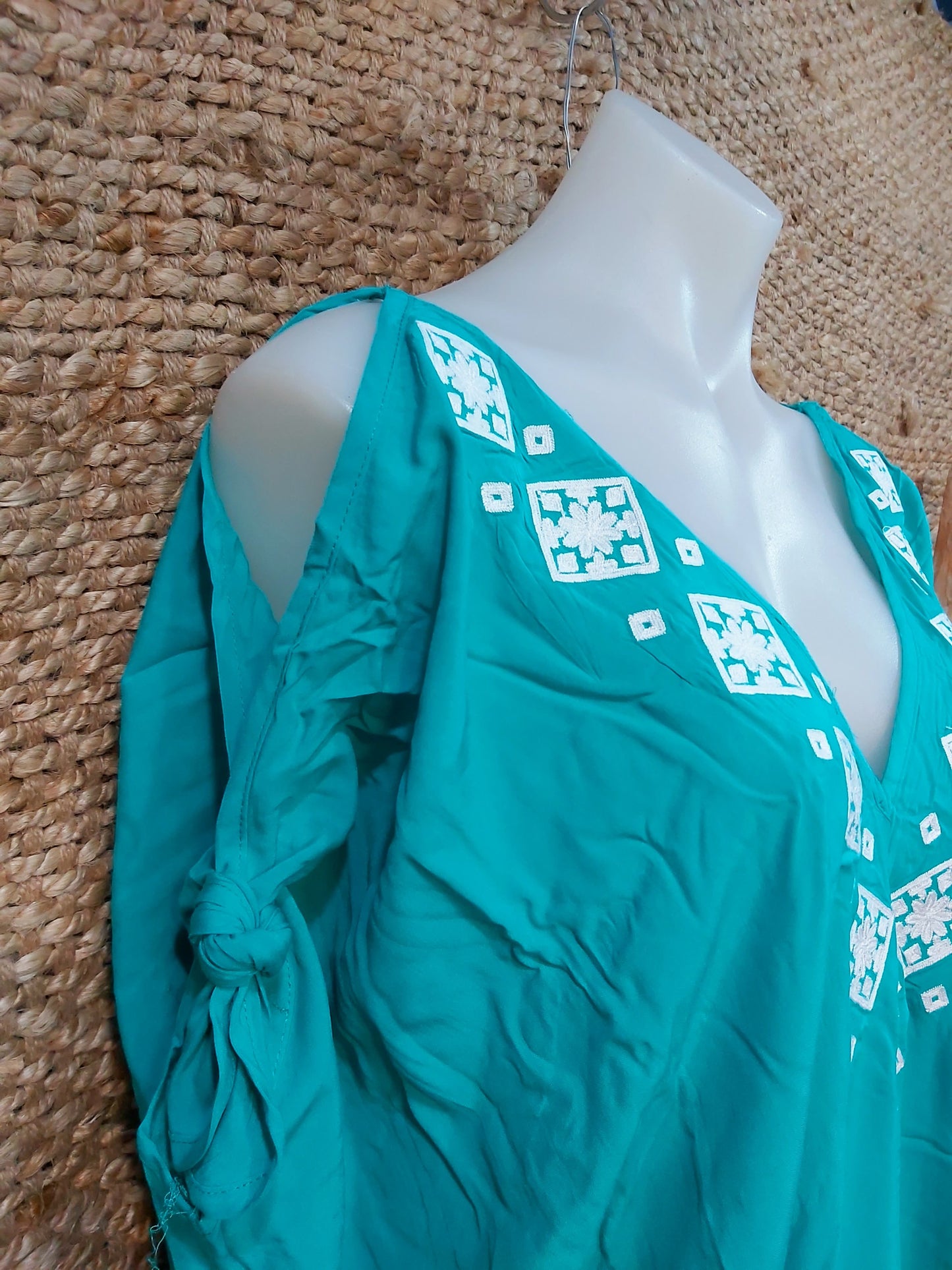 Green Turquoise Cold Shoulder Relax Fit Bohemian Kaftan One Size 16 to 20
