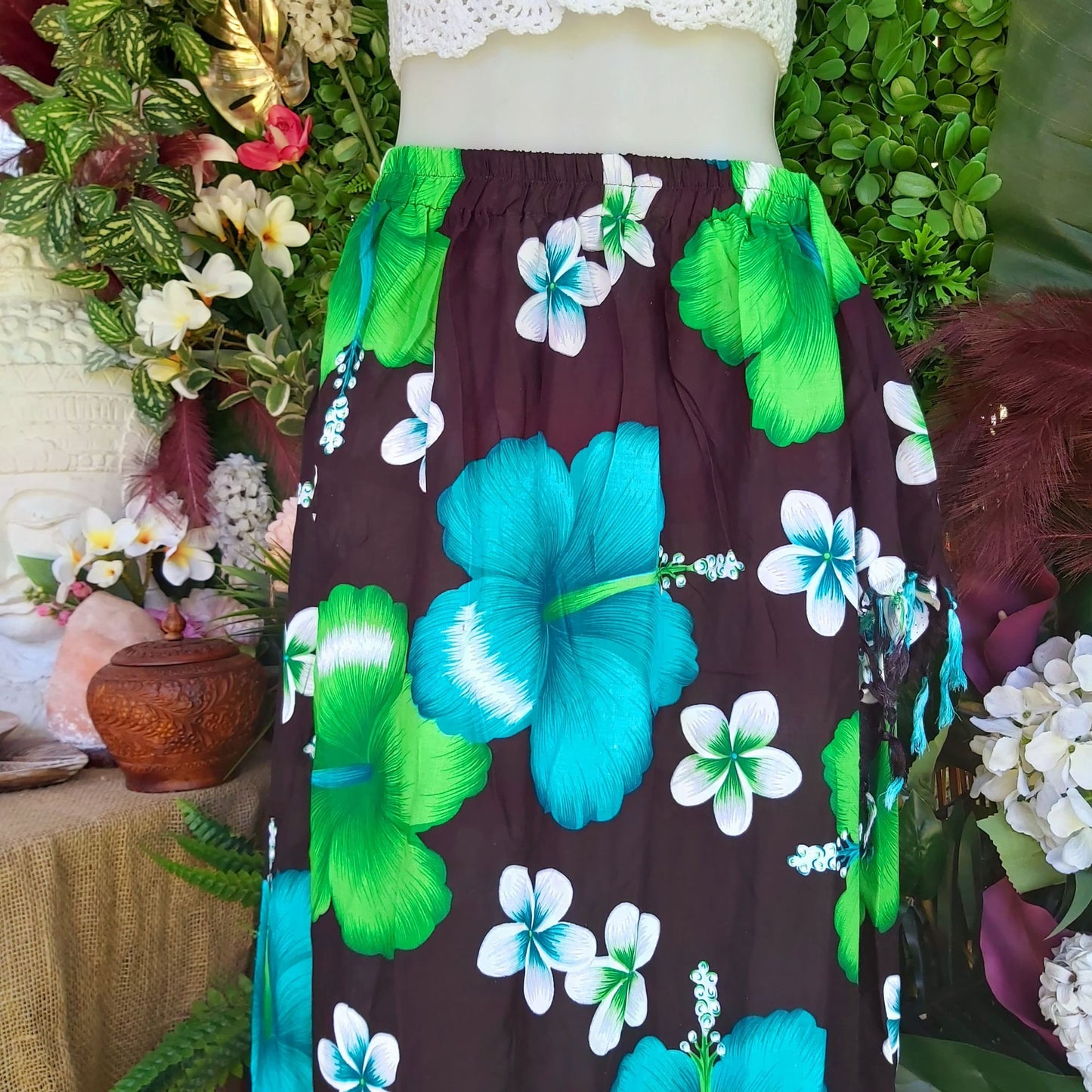 Polynesian Floral Long Green Sarong Maxi Skirt Size 12-14