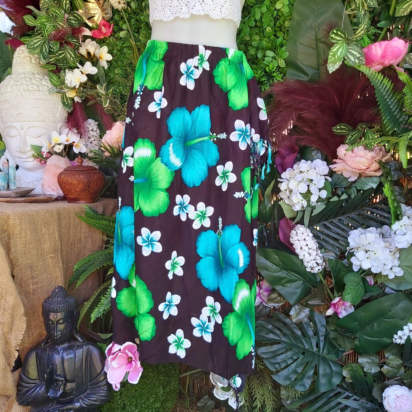Polynesian Floral Long Green Sarong Maxi Skirt Size 12-14