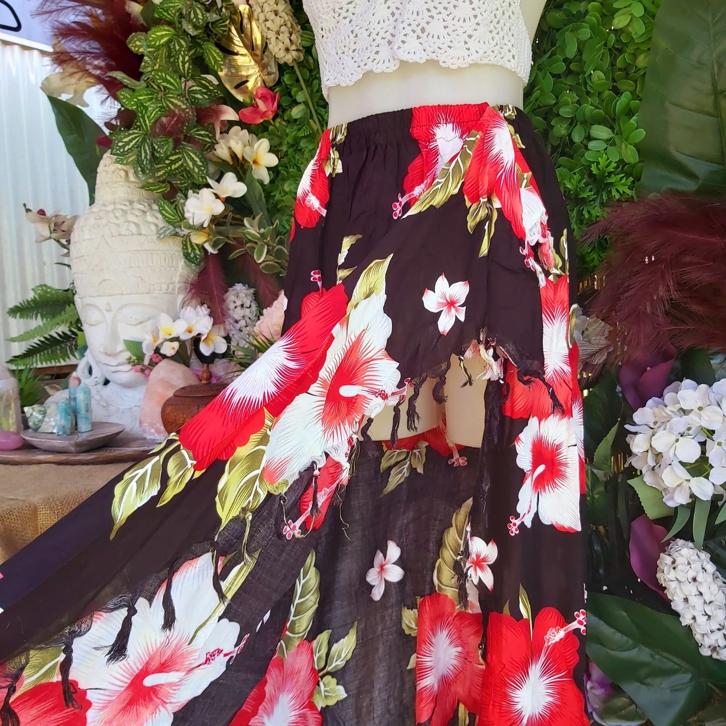 Polynesian Floral Long Red Sarong Maxi Skirt Size 12-14