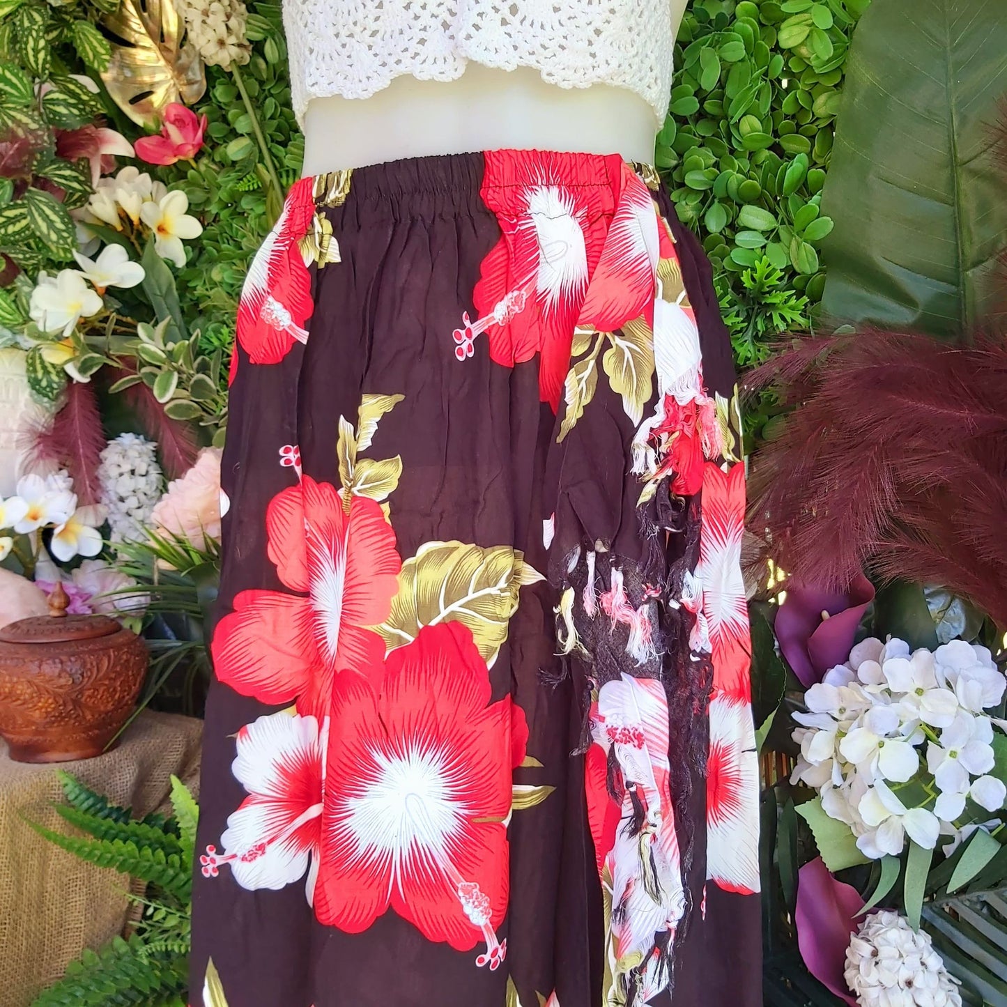 Polynesian Floral Long Red Sarong Maxi Skirt Size 12-14