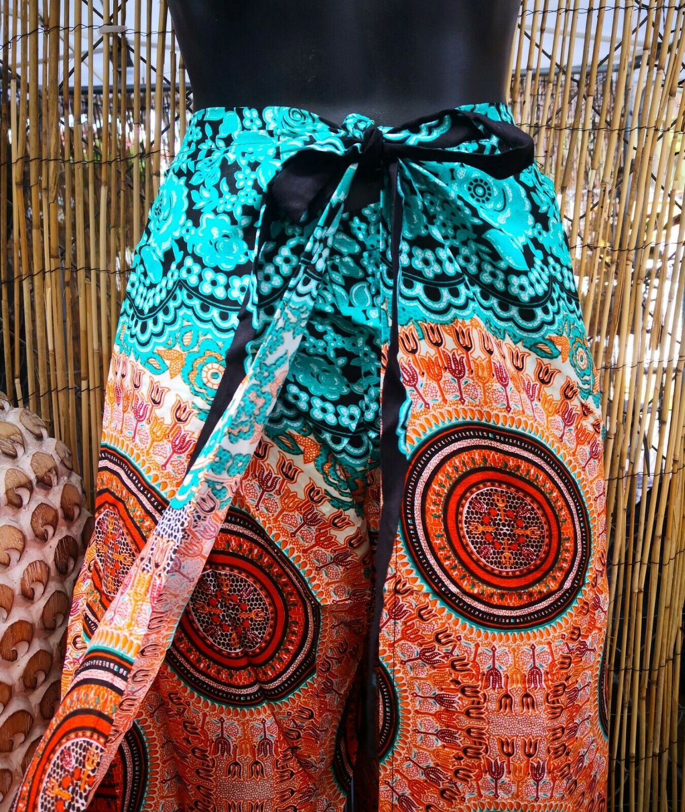 Teal Paisley Bohemian Slit Front Wide Leg Pants