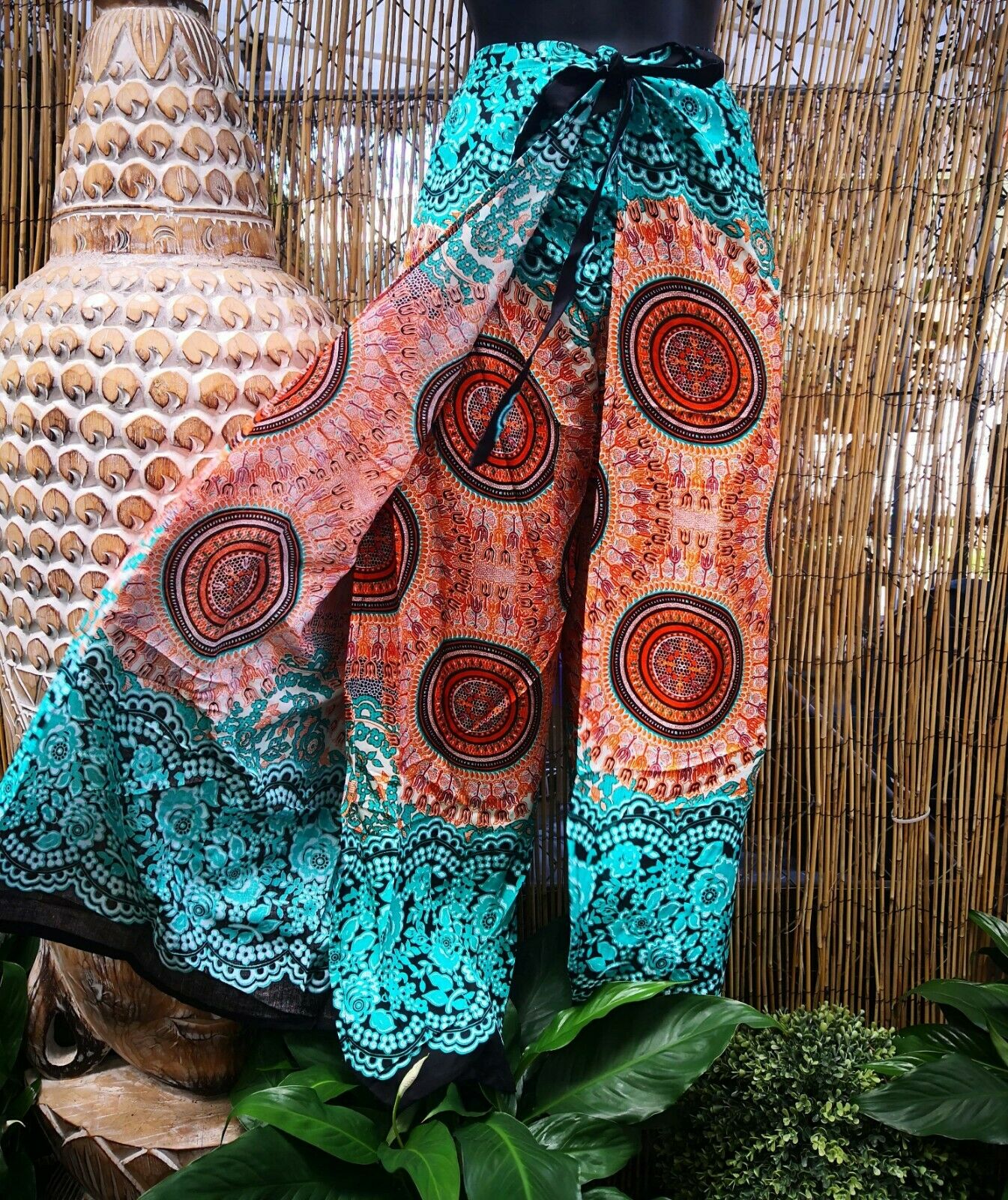 Teal Paisley Bohemian Slit Front Wide Leg Pants