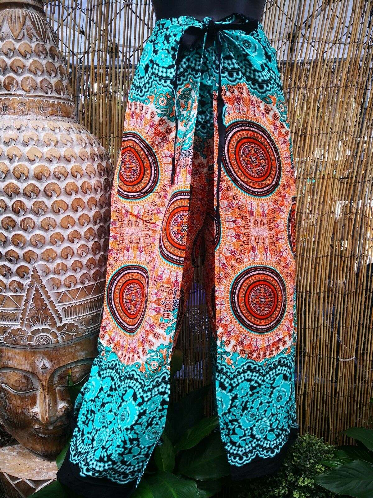 Teal Paisley Bohemian Slit Front Wide Leg Pants