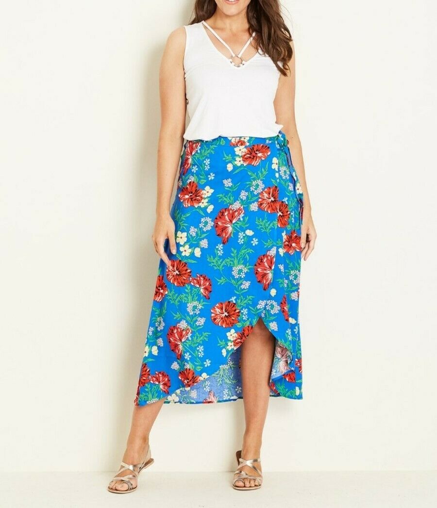 Crossroads Viscose Blue Polynesian Floral Wrap Maxi Skirt