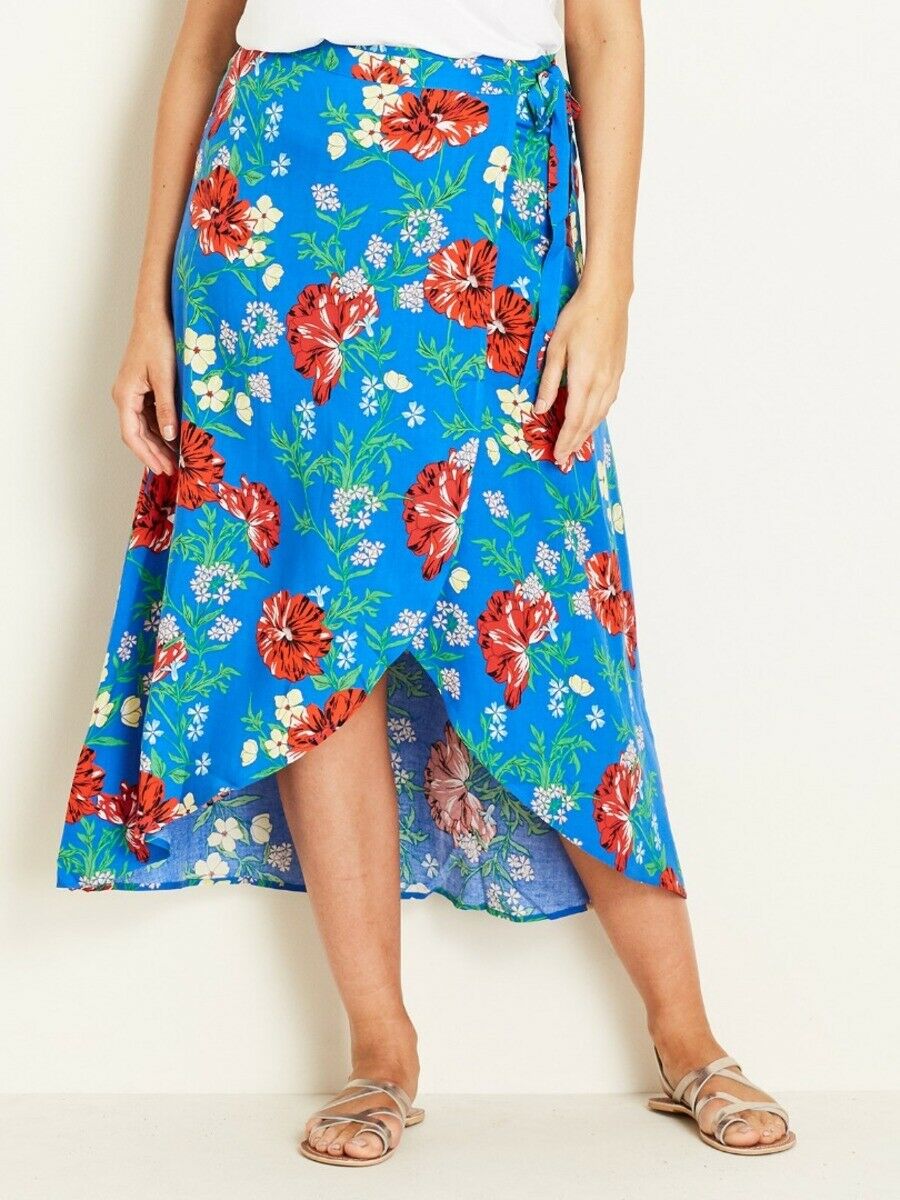 Crossroads Viscose Blue Polynesian Floral Wrap Maxi Skirt