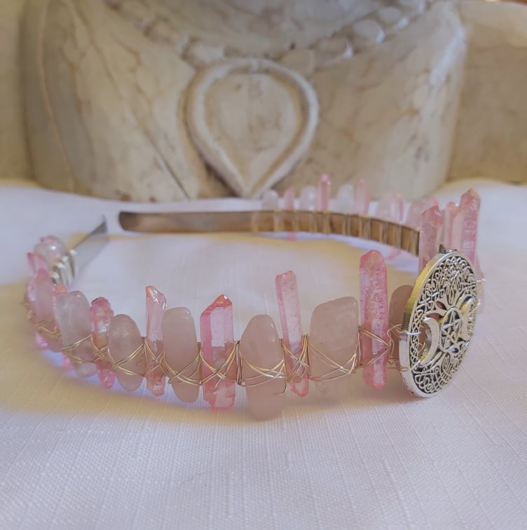 Rose & Aura Quartz Gemstone Crown Tiara Baroque Handmade (CR18)