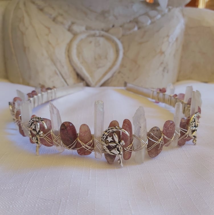 Strawberry & Aura Quartz Gemstone Crown Tiara Baroque Handmade (CR23)