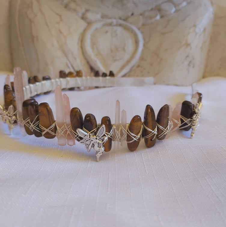 Tiger Eye & Aura Quartz Gemstone Crown Tiara Baroque Handmade (CR24)