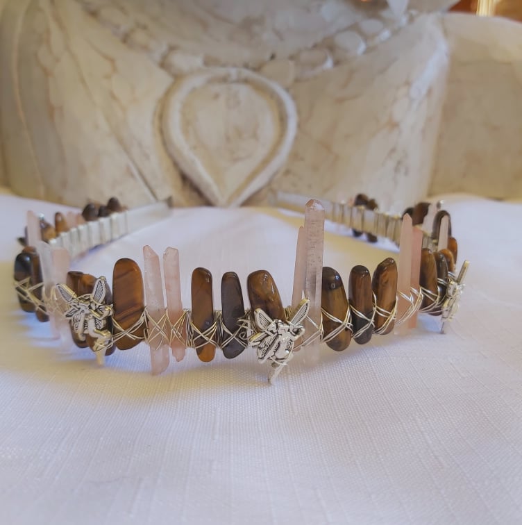 Tiger Eye & Aura Quartz Gemstone Crown Tiara Baroque Handmade (CR24)