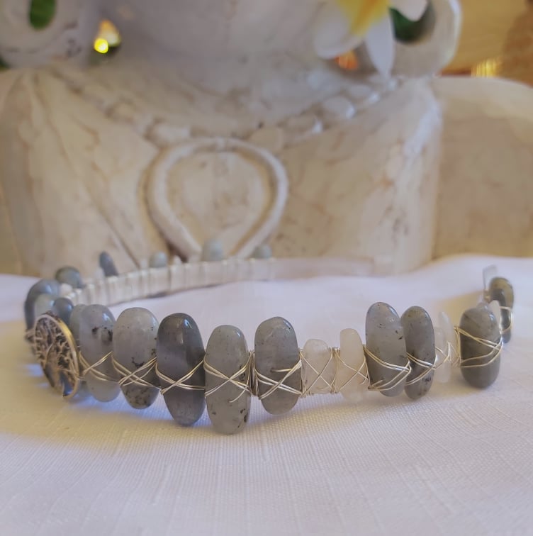 Labradorite & Moonstone Gemstone Crown Tiara Baroque Handmade (CR26)