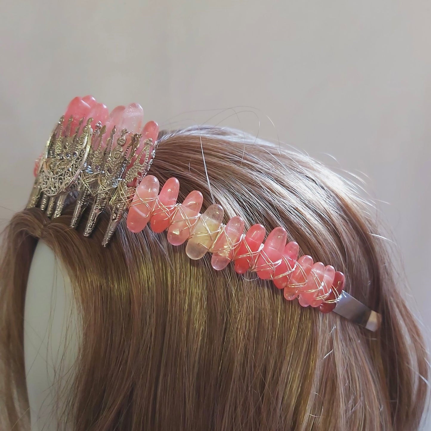 Watermelon Quartz Crystal Gemstone Crown Tiara Handmade (CR40)