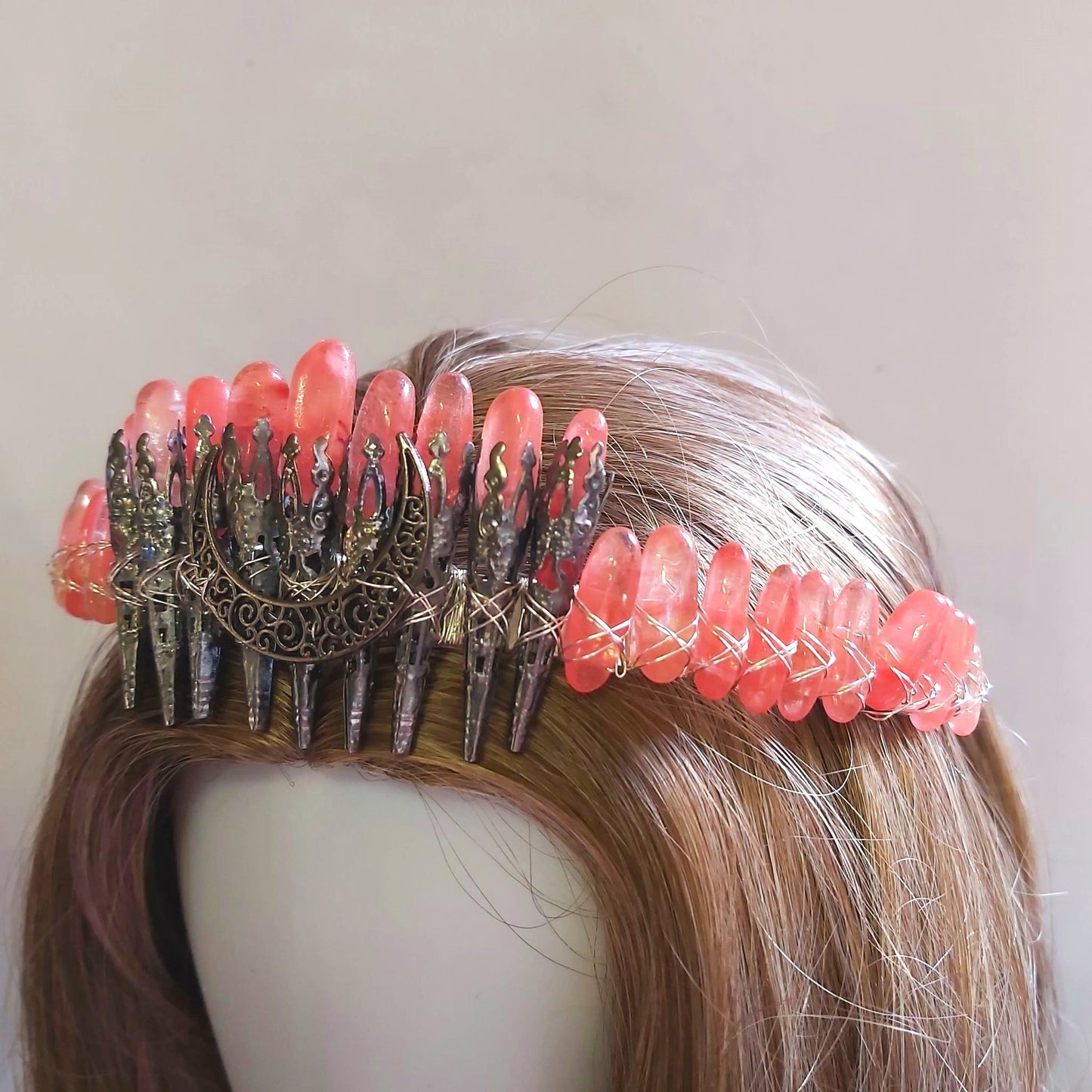 Watermelon Quartz Crystal Gemstone Crown Tiara Handmade (CR51)