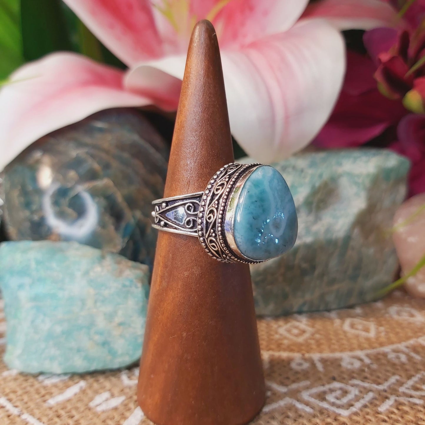 Larimar Emotional Healing Gemstone Ring US 8.5 (E1336)