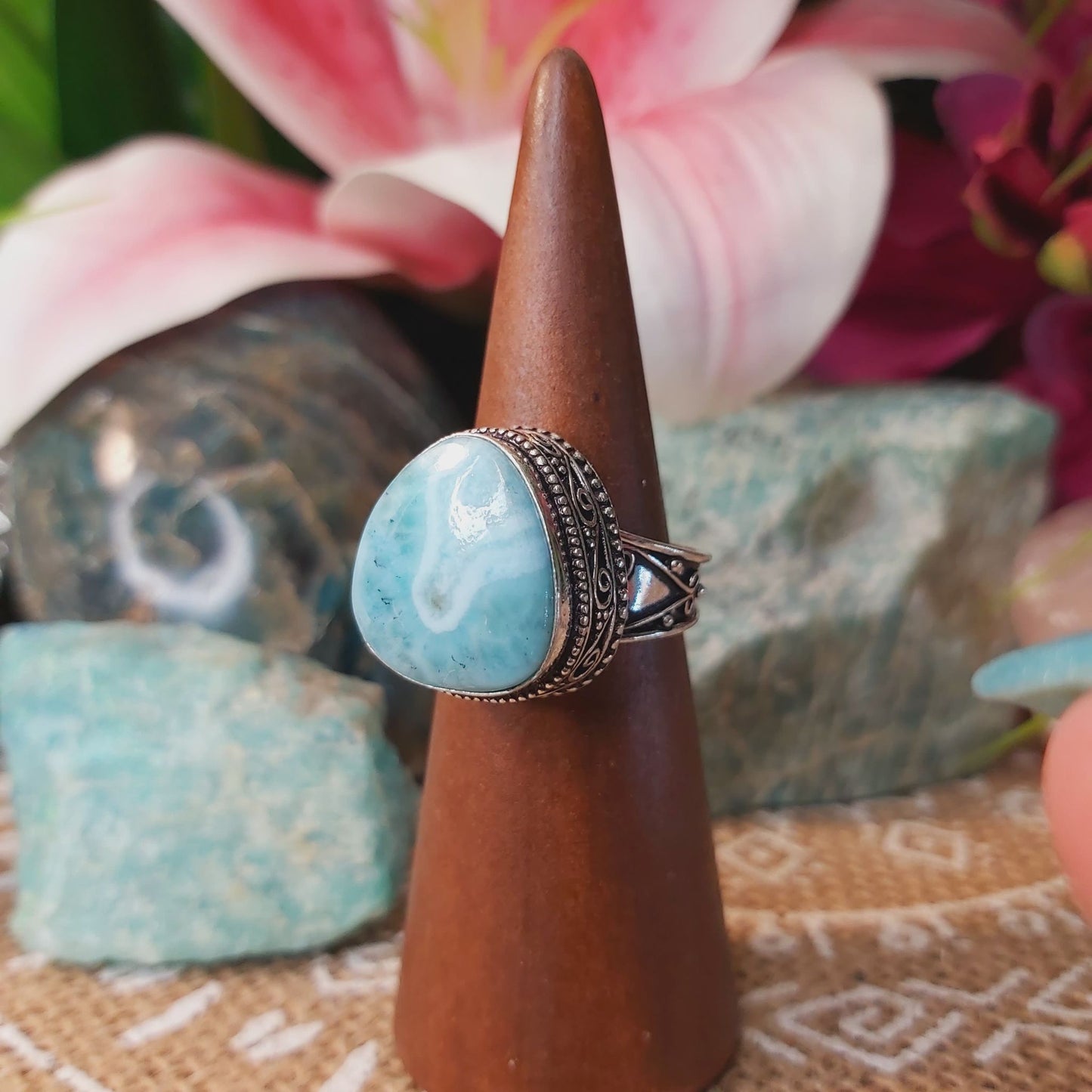 Larimar Emotional Healing Gemstone Ring US 8.5 (E1336)
