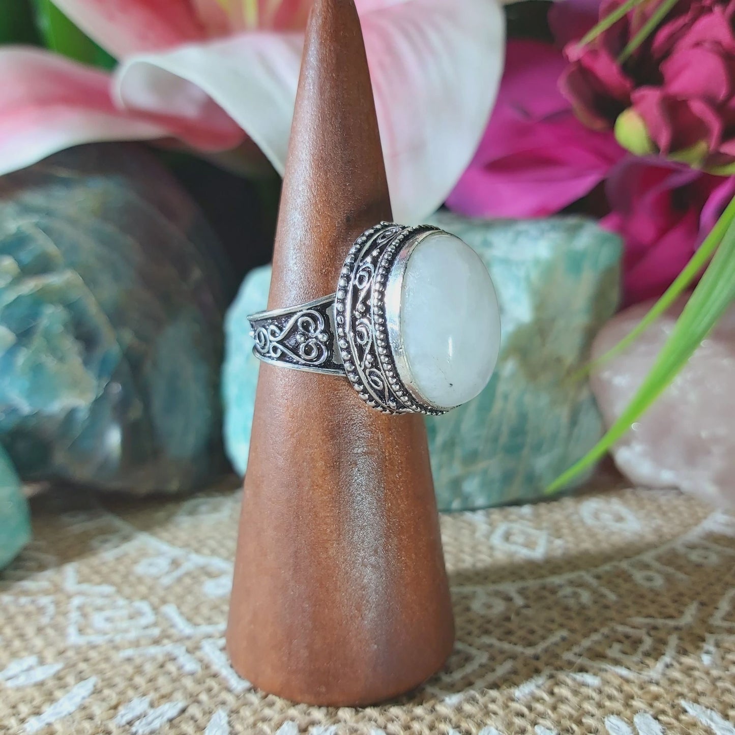 Rainbow Moonstone Ring Size US 7.5 (E1367)