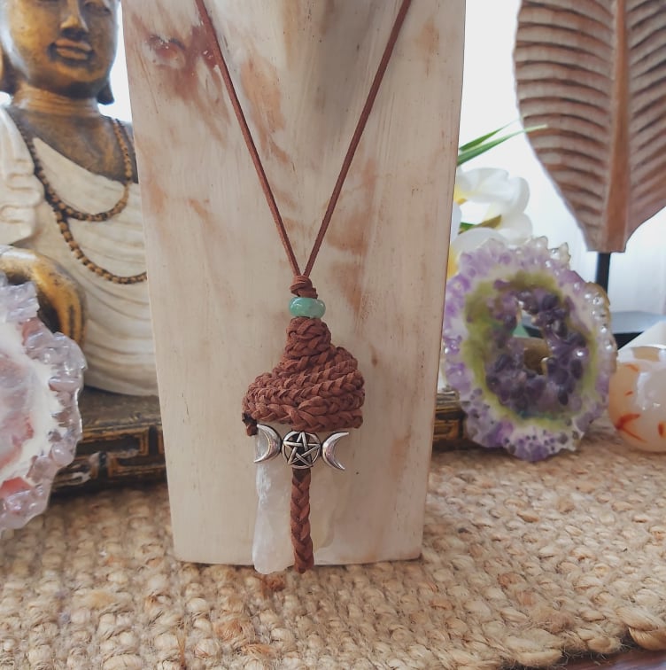 Handmade Long Rainbow Moonstone Wicca Pendant (E1503)