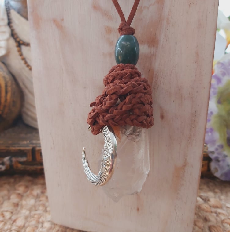 Handmade Long Clear Quartz Moon Pendant (E1506)