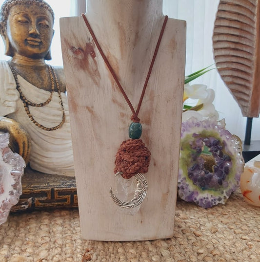 Handmade Long Clear Quartz Moon Pendant (E1506)