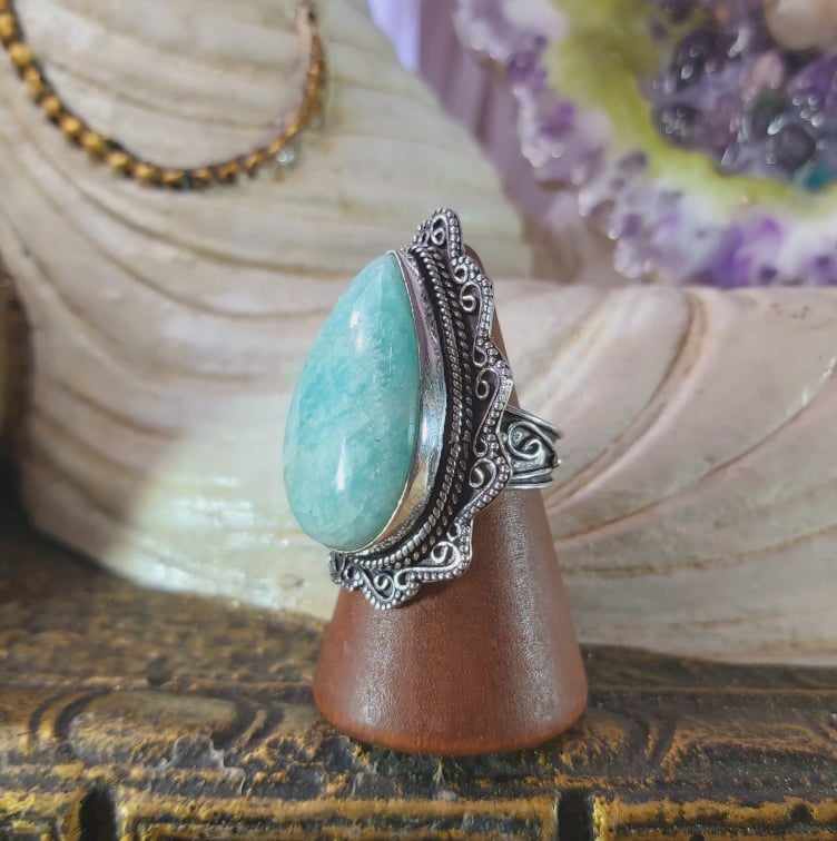 Amazonite Heart Chakra Gemstone Ring US 8 (E1529)