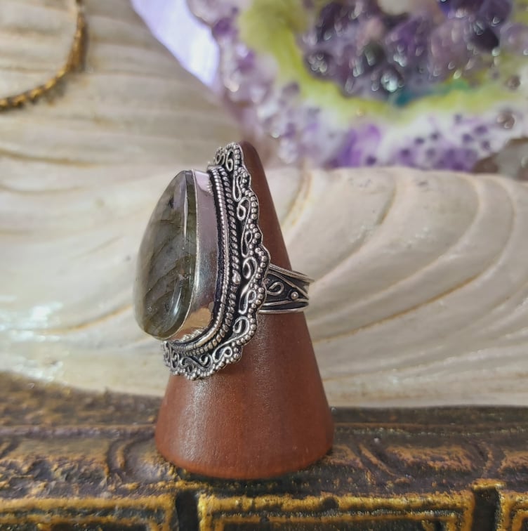 Labradorite Psychic Protection Gemstone Ring US 8 (E1554)