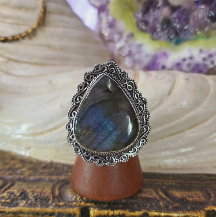 Labradorite Psychic Protection Gemstone Ring US 8 (E1554)