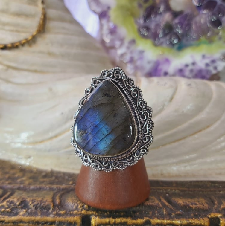 Labradorite Psychic Protection Gemstone Ring US 8 (E1554)