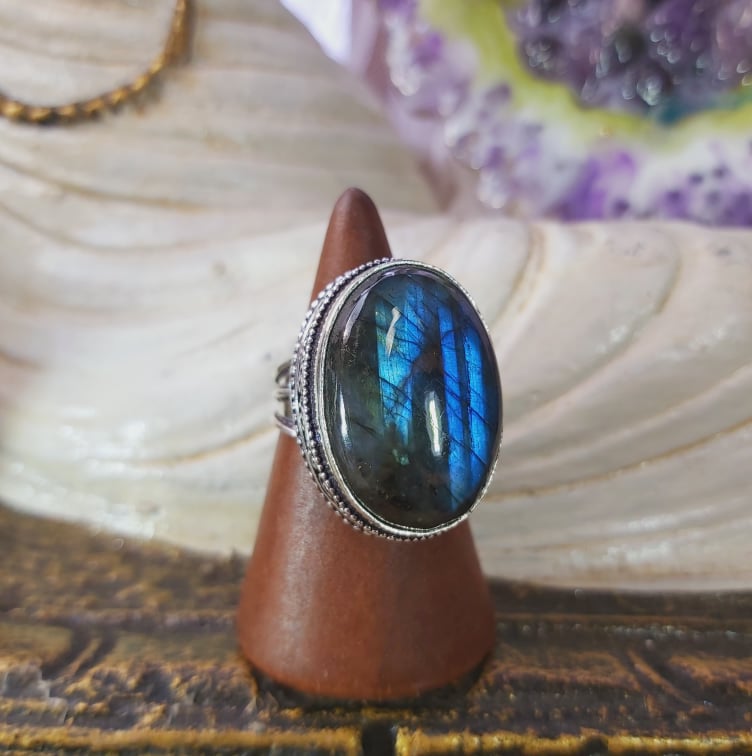 Labradorite Psychic Protection Gemstone Ring US 8 (E1558)