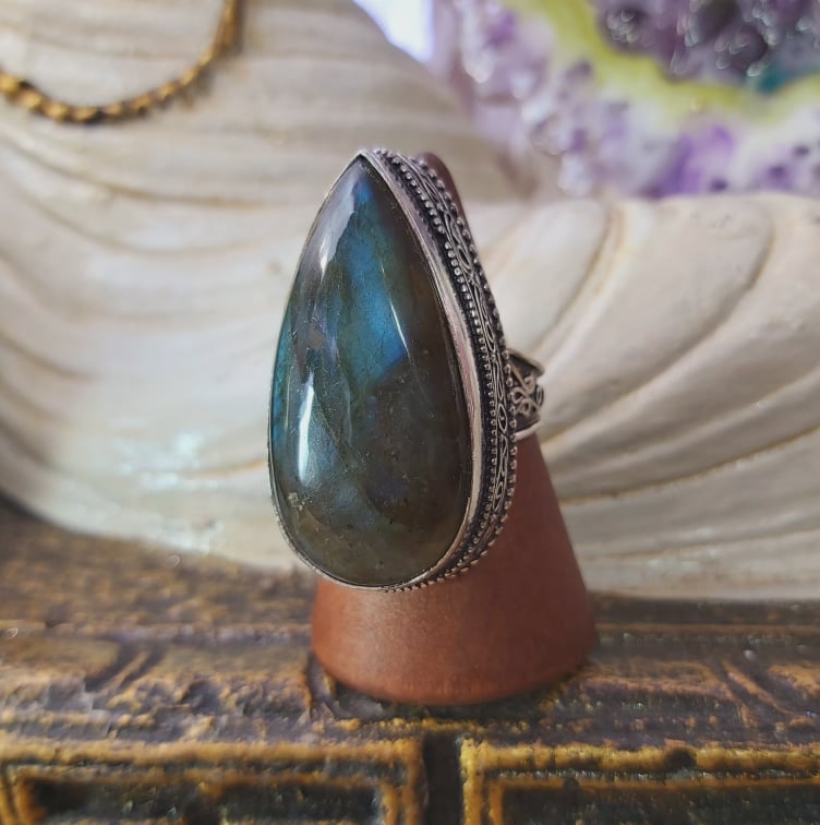 Labradorite Psychic Protection Gemstone Ring US 9 (E1566)