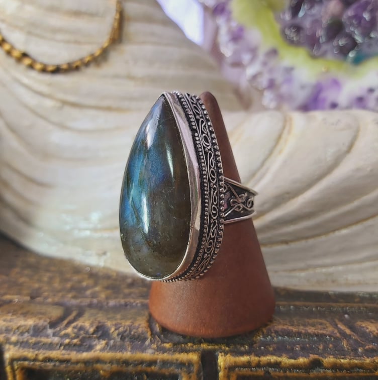 Labradorite Psychic Protection Gemstone Ring US 9 (E1566)