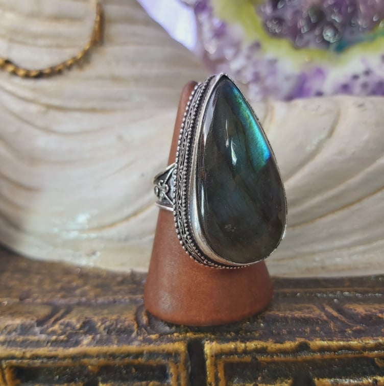 Labradorite Psychic Protection Gemstone Ring US 9 (E1566)