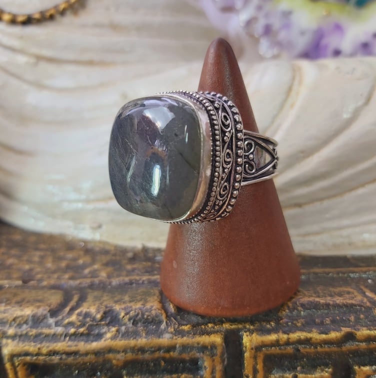 Labradorite Psychic Protection Gemstone Ring US 9 (E1567)