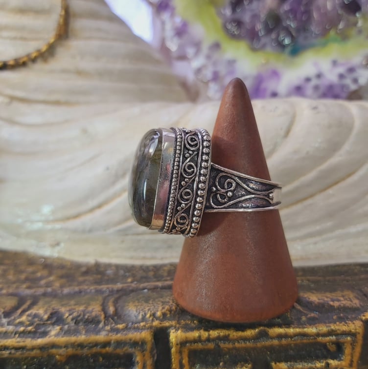 Labradorite Psychic Protection Gemstone Ring US 9 (E1569)