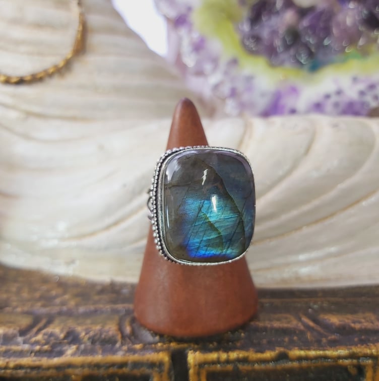 Labradorite Psychic Protection Gemstone Ring US 9 (E1569)