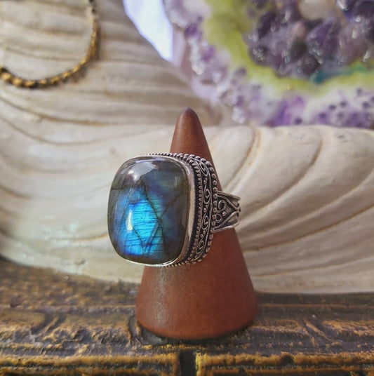 Labradorite Psychic Protection Gemstone Ring US 9 (E1569)