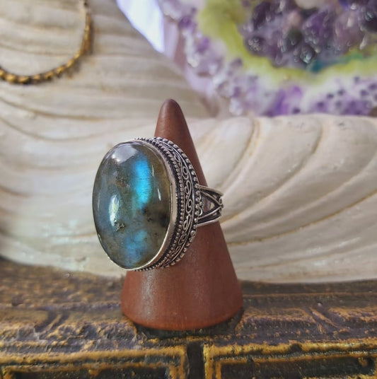 Labradorite Psychic Protection Gemstone Ring US 9.5 (E1570)