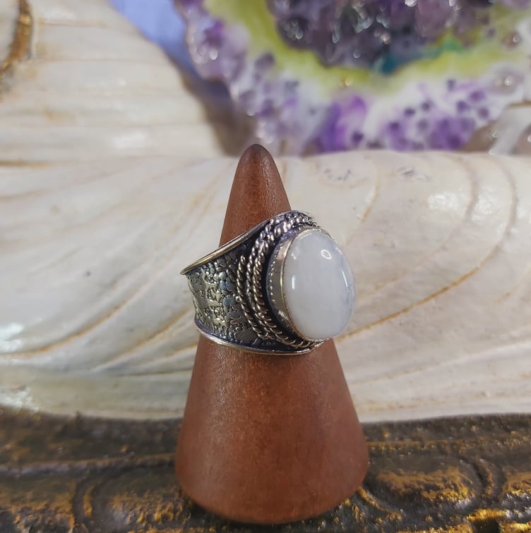 Rainbow Moonstone Spiritual Grounding Ring Size US 7.5 (E1590)